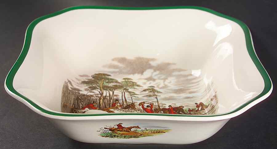Herring Hunt, The Hunt (Green, Scalloped) 9" Square Vegetable Bowl by Spode-1