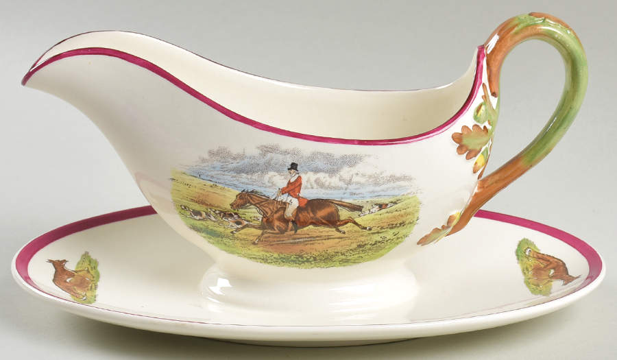 Herring Hunt The Hunt Red Gravy Boat with Attached Underplate by Spode-1