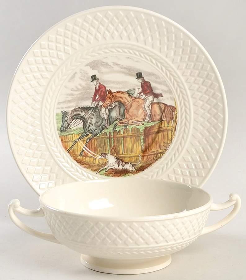 Herring Hunt (Mansard Shape) Footed Cream Soup Bowl & Saucer Set by Spode-1