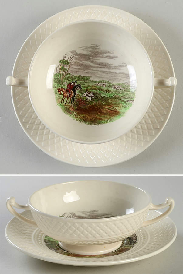 Herring Hunt (Mansard Shape) Footed Cream Soup Bowl & Saucer Set by Spode-1
