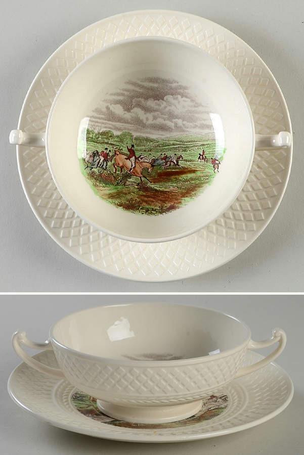 Herring Hunt (Mansard Shape) Footed Cream Soup Bowl & Saucer Set by Spode-1