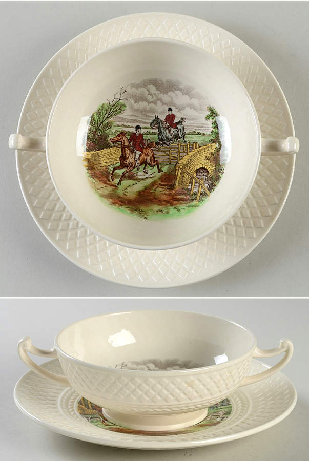 Herring Hunt (Mansard Shape) Footed Cream Soup Bowl & Saucer Set by Spode-1