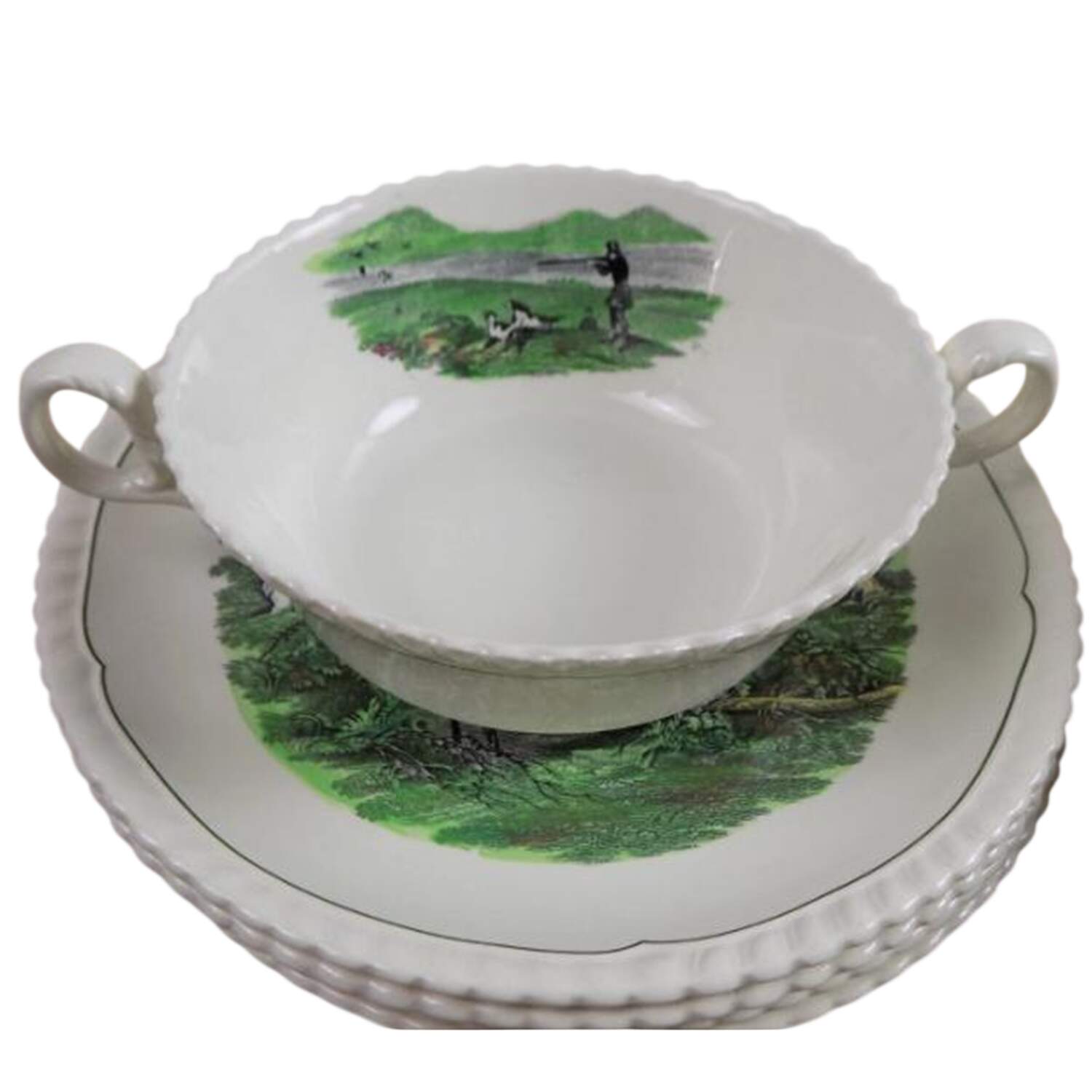 Hunt Scenes (Green Ring) Flat Cream Soup Bowl & Saucer Set by Spode-1