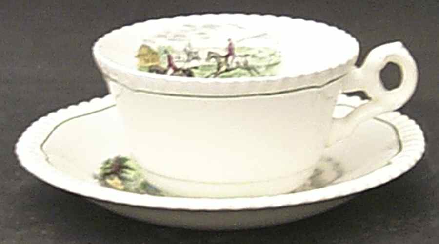Hunt Scenes (Green Ring) Flat Cup & Saucer Set by Spode-1