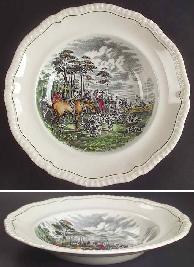 Hunt Scenes (Green Ring) Large Rim Soup Bowl by Spode-1