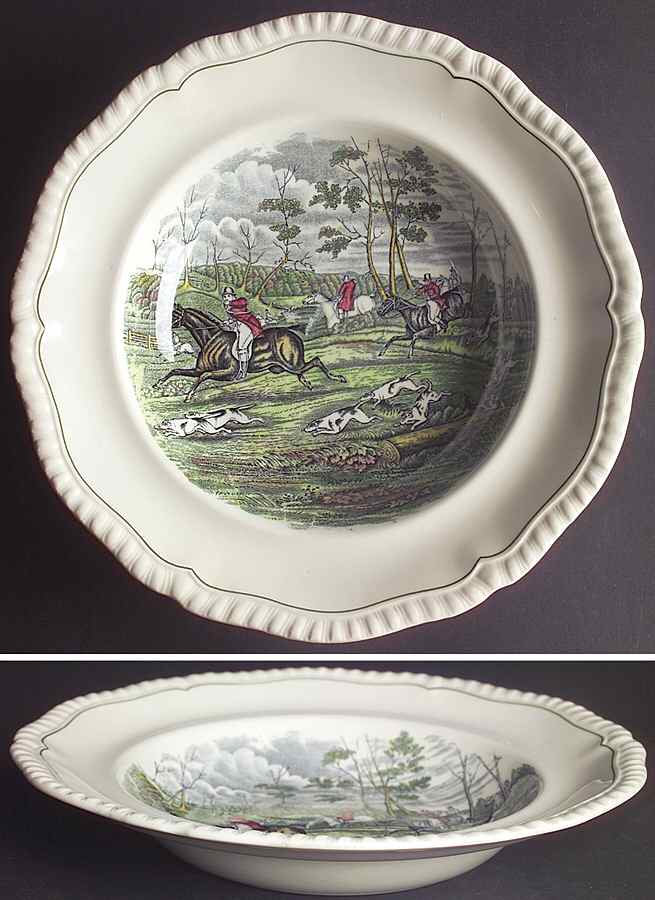 Hunt Scenes (Green Ring) Large Rim Soup Bowl by Spode-1