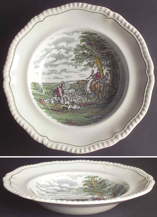 Hunt Scenes (Green Ring) Large Rim Soup Bowl by Spode-1