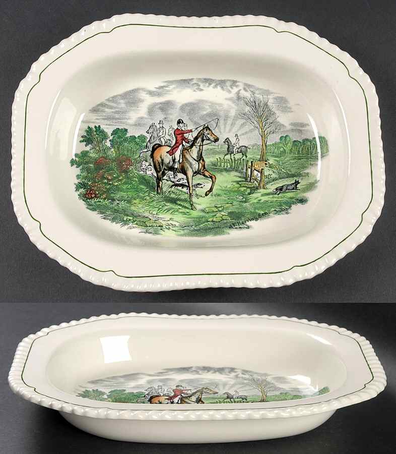 Hunt Scenes (Green Ring) 9" Oval Vegetable Bowl by Spode-1