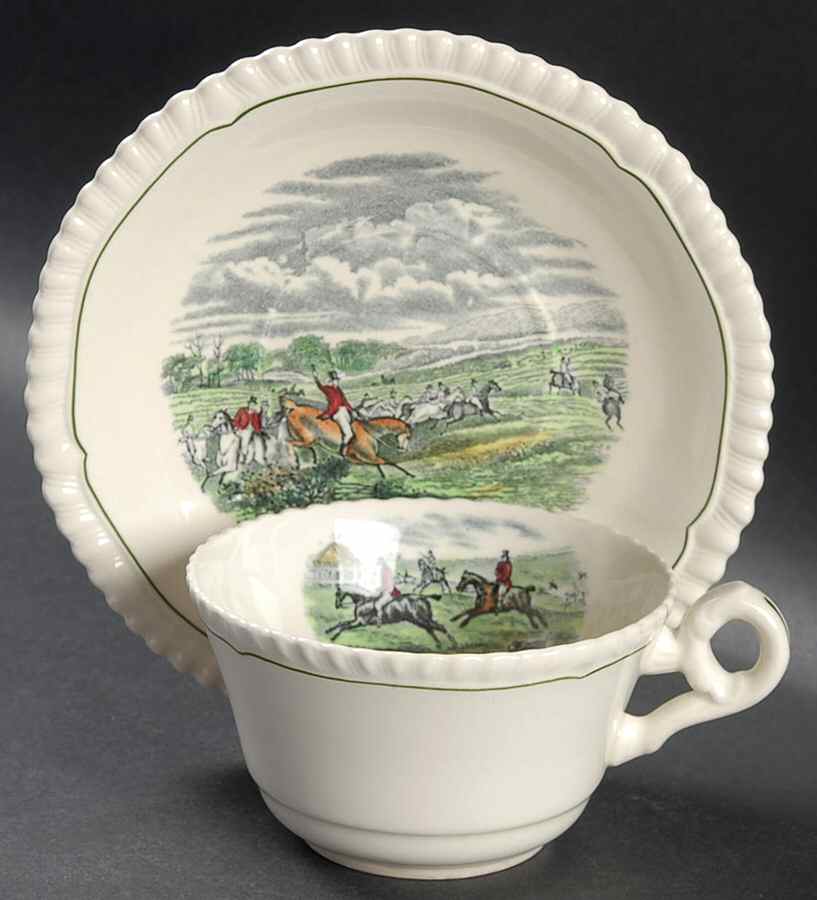 Hunt Scenes (Green Ring) Flat Cup & Saucer Set by Spode-1