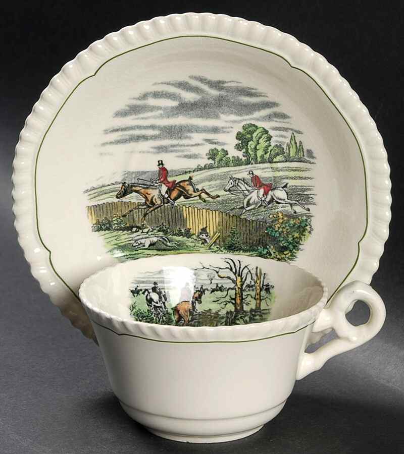 Hunt Scenes (Green Ring) Flat Cup & Saucer Set by Spode-1
