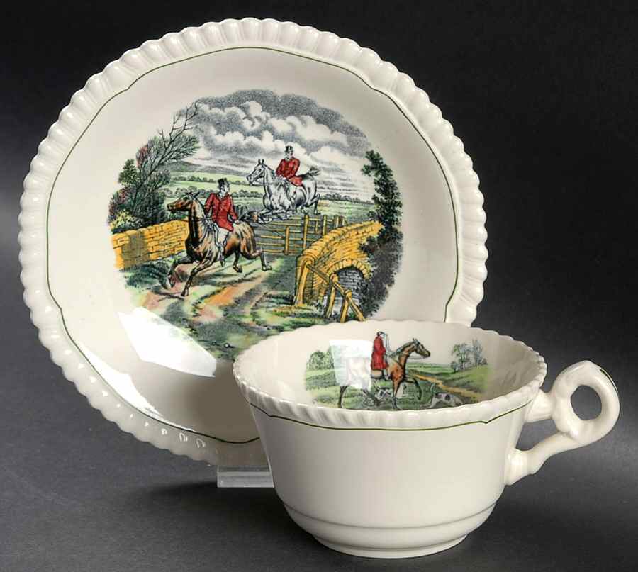 Hunt Scenes (Green Ring) Flat Cup & Saucer Set by Spode-1