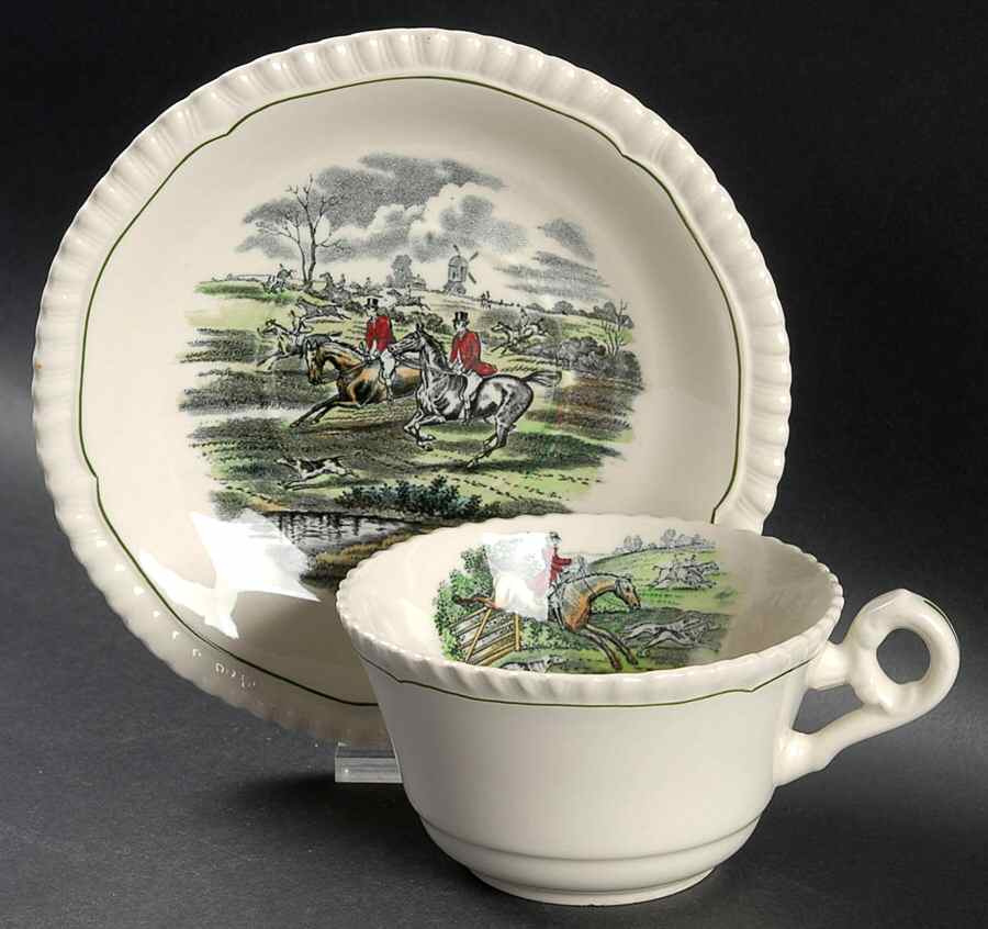 Hunt Scenes (Green Ring) Flat Cup & Saucer Set by Spode-1