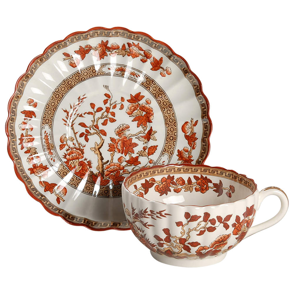 Indian Tree (Orange Rust, Scallop, Red Trim) Footed Cup & Saucer Set by Spode-1