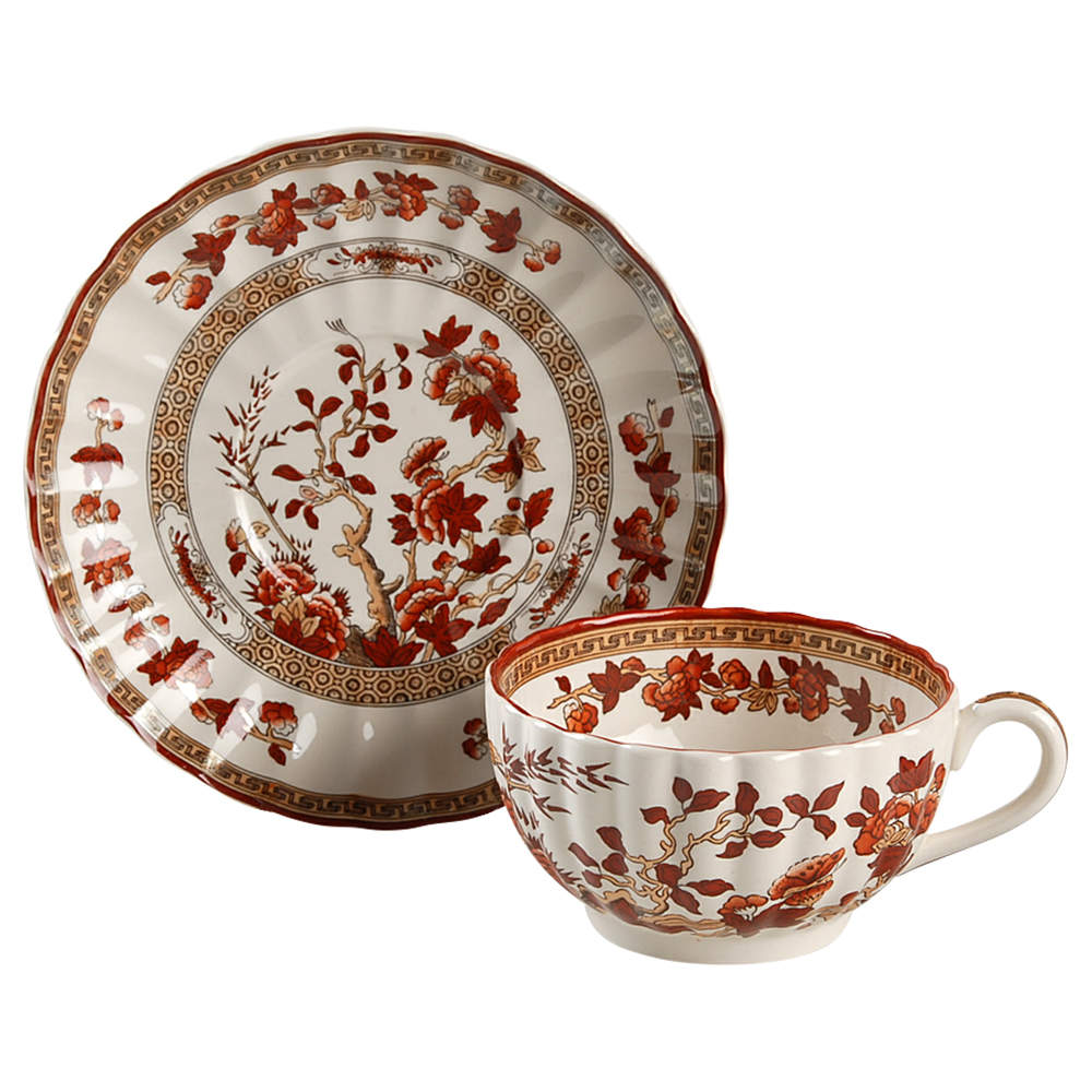 Indian Tree (Orange Rust, Scallop, Red Trim) Footed Cup & Saucer Set by Spode-1