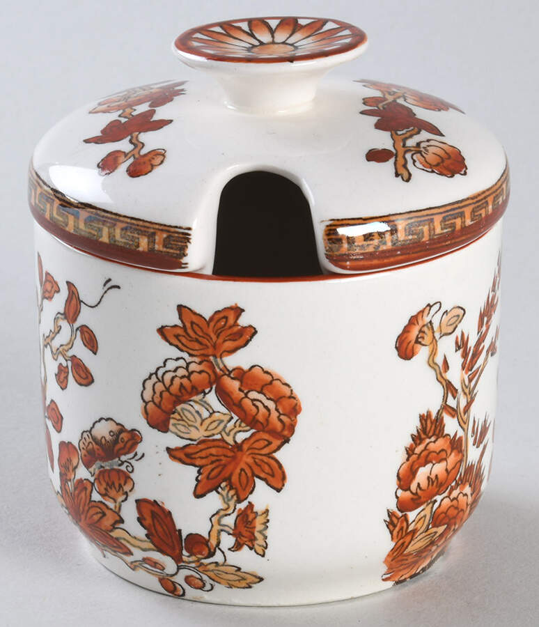 Indian Tree (Orange Rust, Scallop, Red Trim) Mustard Jar & Lid by Spode-1