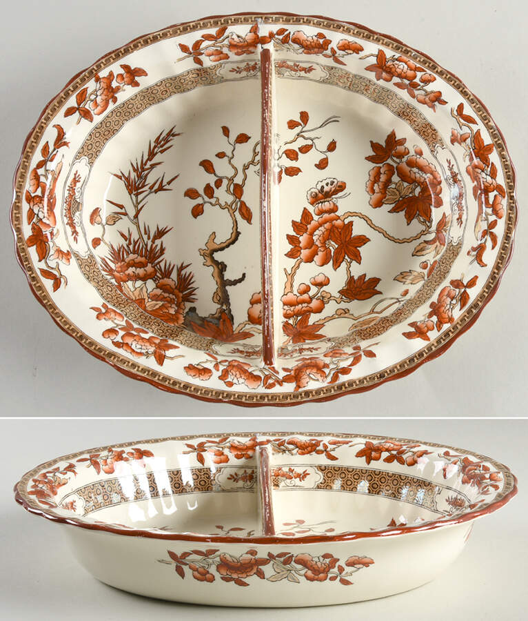 Indian Tree (Orange Rust, Scallop, Red Trim) 11" Oval Divided Vegetable Bowl by Spode-1