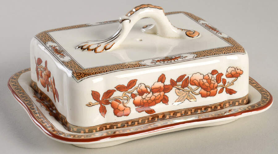 Indian Tree (Orange Rust, Scallop, Red Trim) Rectangular Cheese Dish with Lid by Spode-1