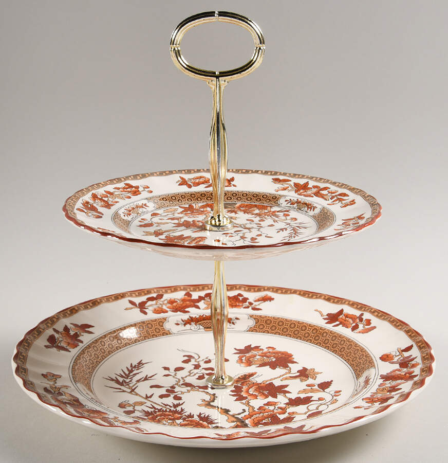Indian Tree (Orange Rust, Scallop, Red Trim) 6 5/8"-10"  2 Tiered Serving Tray (Dp, Sp) HC by Spode-1