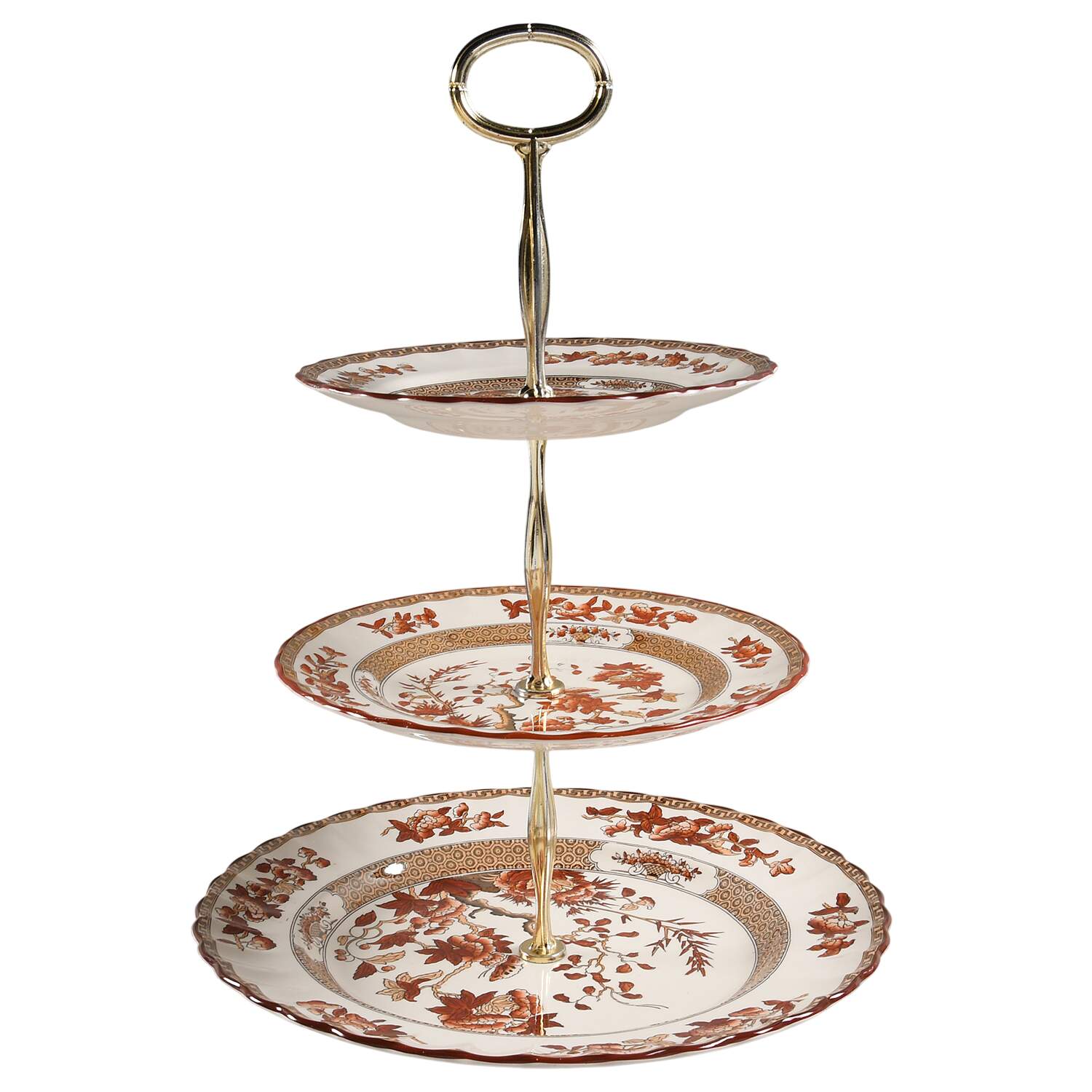 Indian Tree (Orange Rust, Scallop, Red Trim) 13 7/8"-14 1/4" 3-Tiered Serving Tray(DP,SP,BB) HC by Spode-1