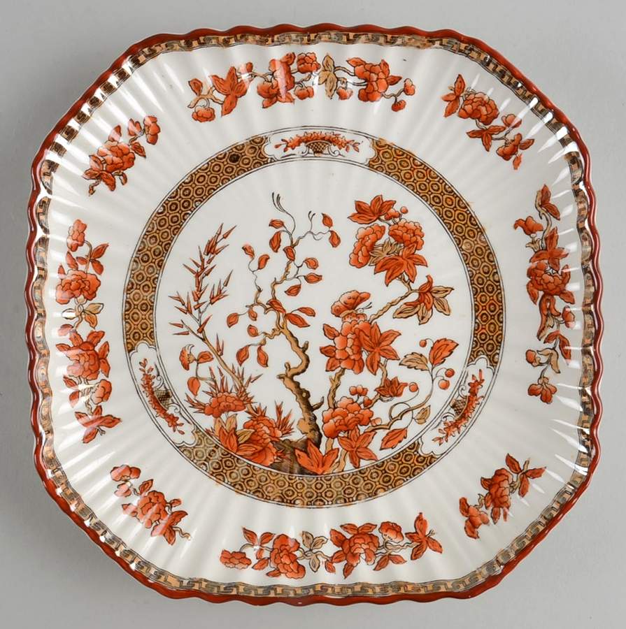 Indian Tree (Orange Rust, Scallop, Red Trim) Square Luncheon Plate by Spode-1