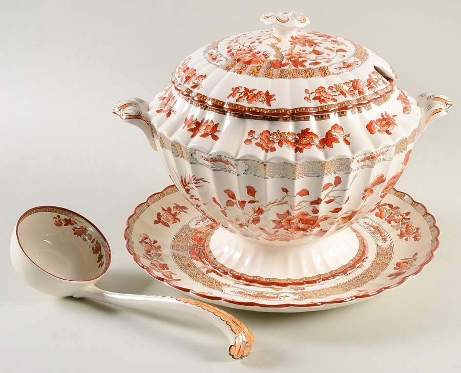 Indian Tree (Orange Rust, Scallop, Red Trim) Tureen & Lid W/Ladle & Underplate by Spode-1