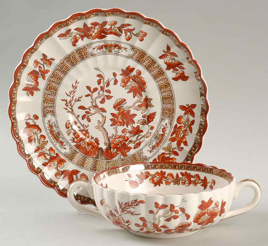 Indian Tree (Orange Rust, Scallop, Red Trim) Flat Cream Soup & Saucer Set by Spode-1