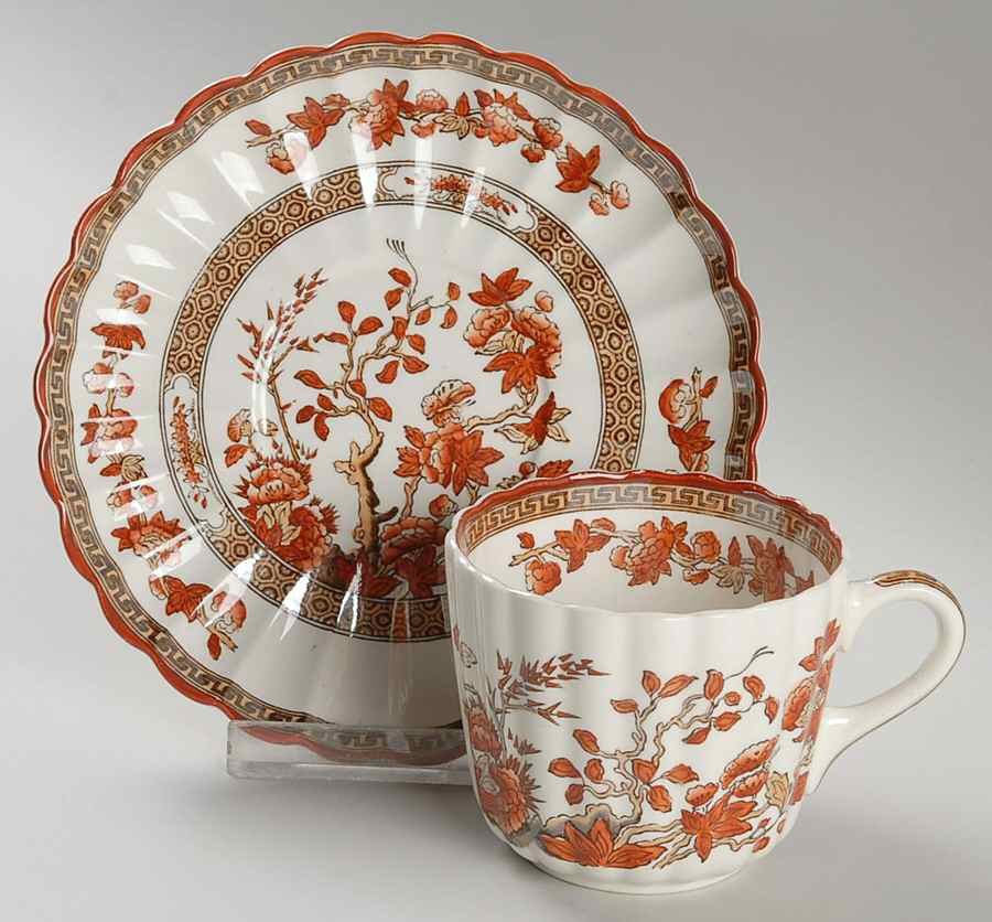 Indian Tree (Orange Rust, Scallop, Red Trim) Flat Cup & Saucer Set by Spode-1