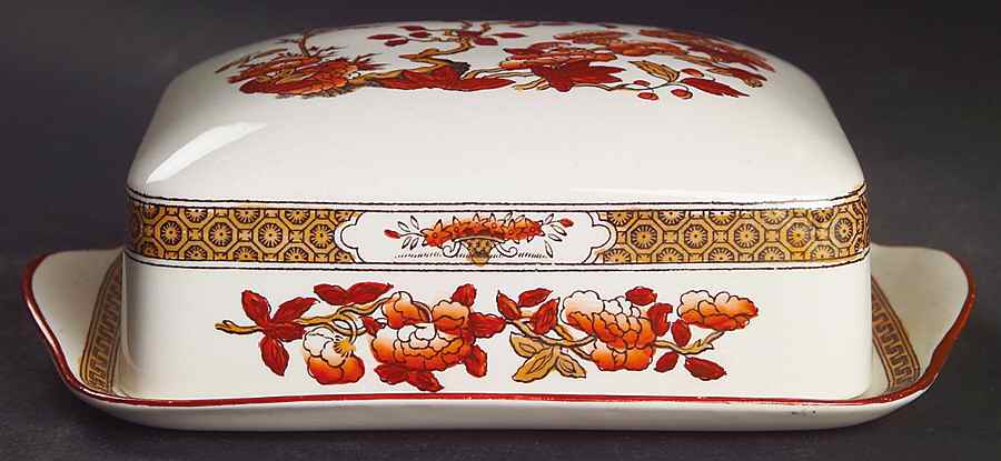 Indian Tree (Orange Rust, Scallop, Red Trim) Rectangular Covered Butter by Spode-1