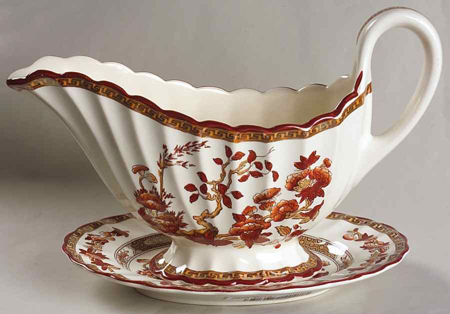 Indian Tree (Orange Rust, Scallop, Red Trim) Gravy Boat & Underplate/Relish by Spode-1