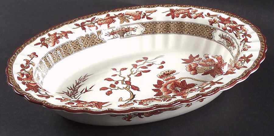 Indian Tree (Orange Rust, Scallop, Red Trim) 11" Oval Vegetable Bowl by Spode-1