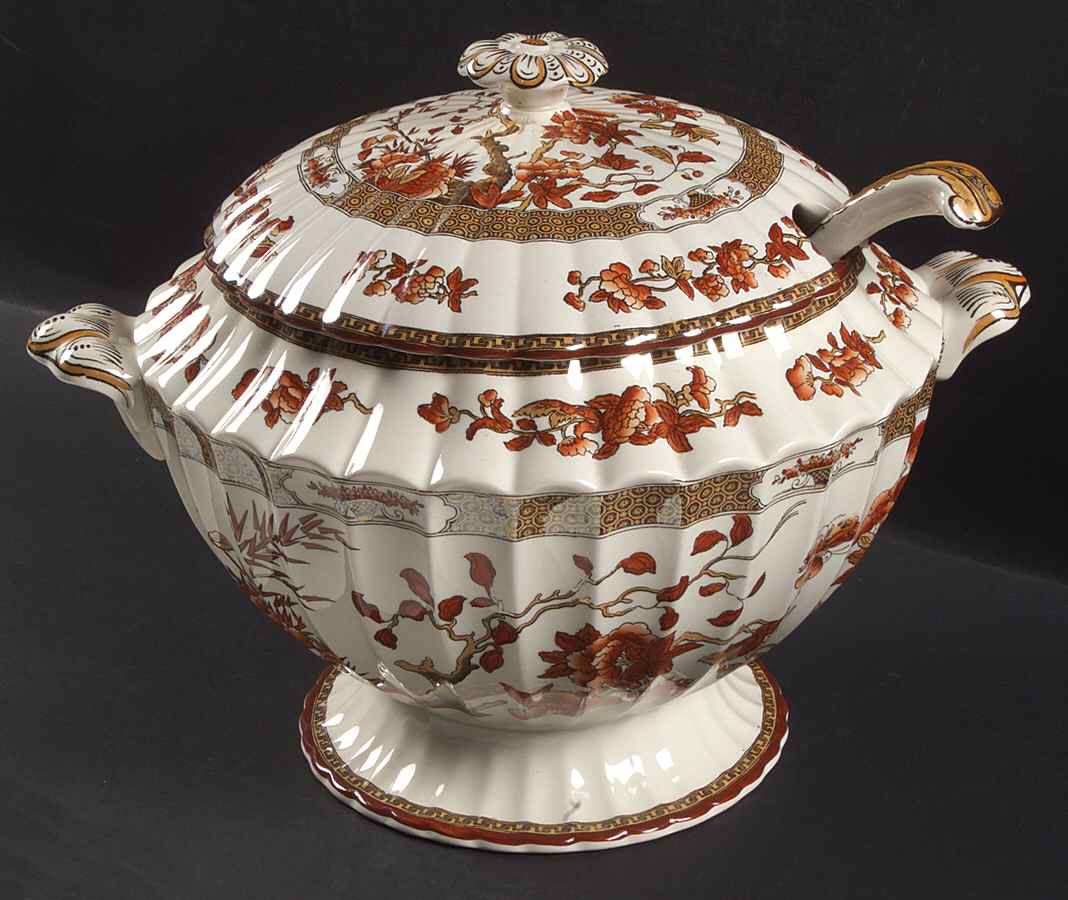 Indian Tree (Orange Rust, Scallop, Red Trim) Tureen & Lid w/Ladle by Spode-1