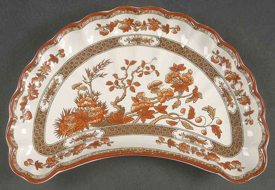Indian Tree (Orange Rust, Scallop, Red Trim) Crescent Salad Plate by Spode-1