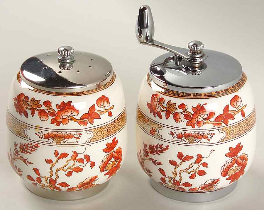 Indian Tree (Orange Rust, Scallop, Red Trim) Salt Mill & Pepper Mill Set by Spode-1