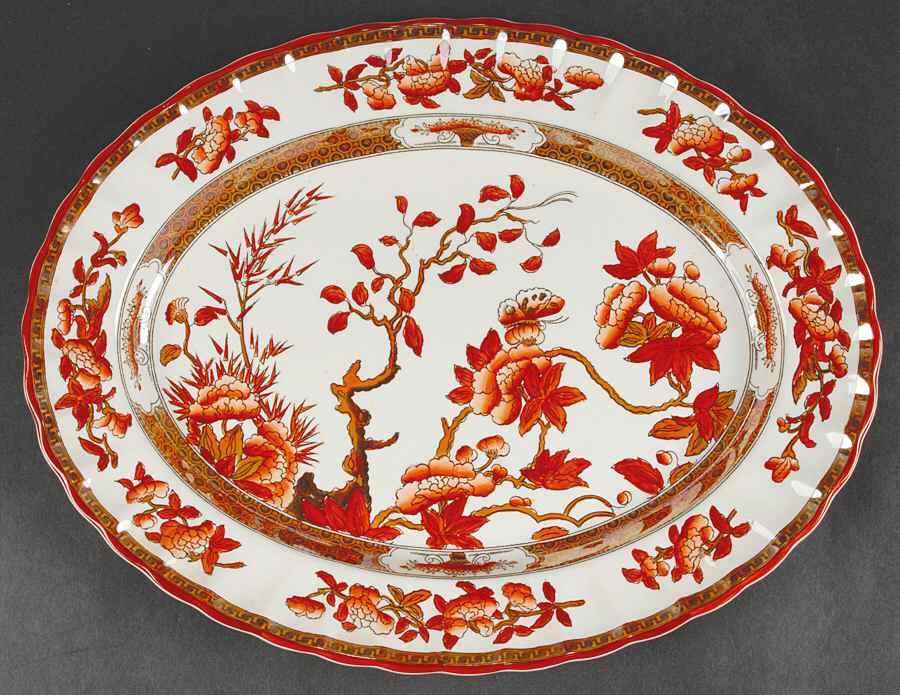 Indian Tree (Orange Rust, Scallop, Red Trim) 12" Oval Serving Platter by Spode-1