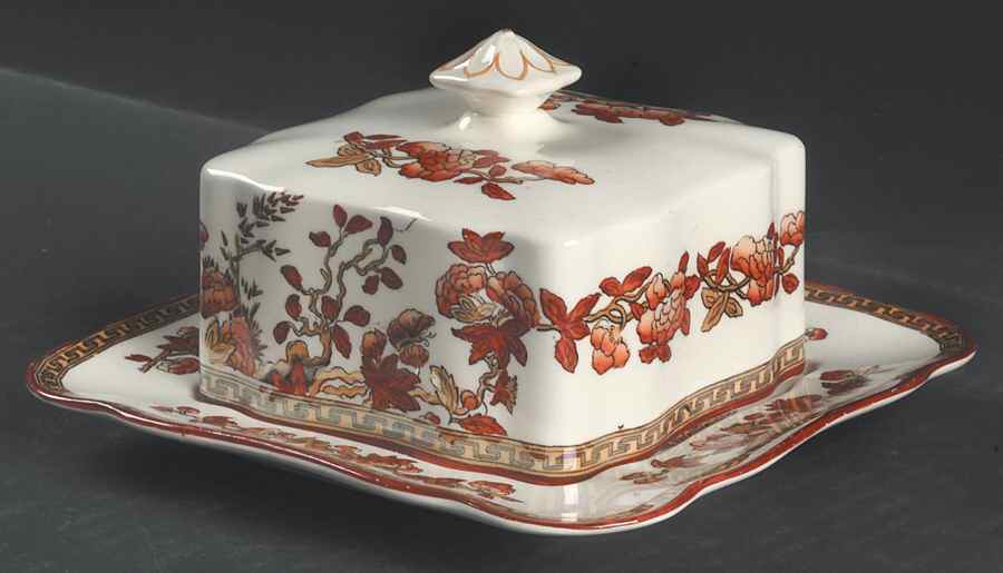 Indian Tree (Orange Rust, Scallop, Red Trim) Square Covered Butter by Spode-1