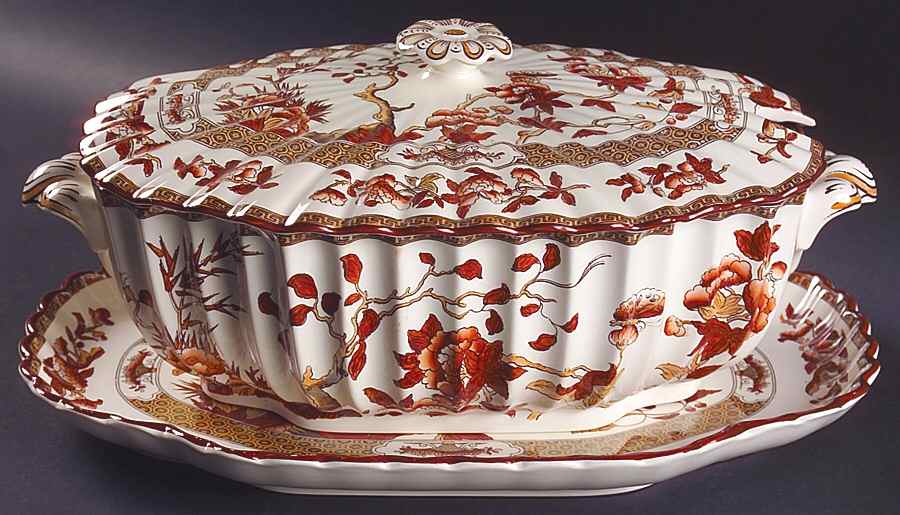 Indian Tree (Orange Rust, Scallop, Red Trim) Oval Tureen & Lid with Underplate by Spode-1