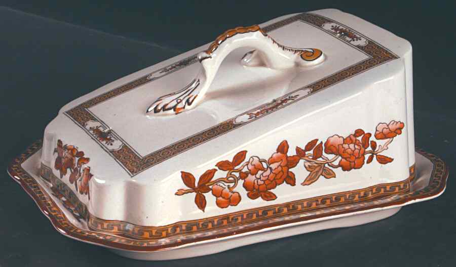 Indian Tree (Orange Rust, Scallop, Red Trim) Cheese Dish with Lid (Wedge) by Spode-1