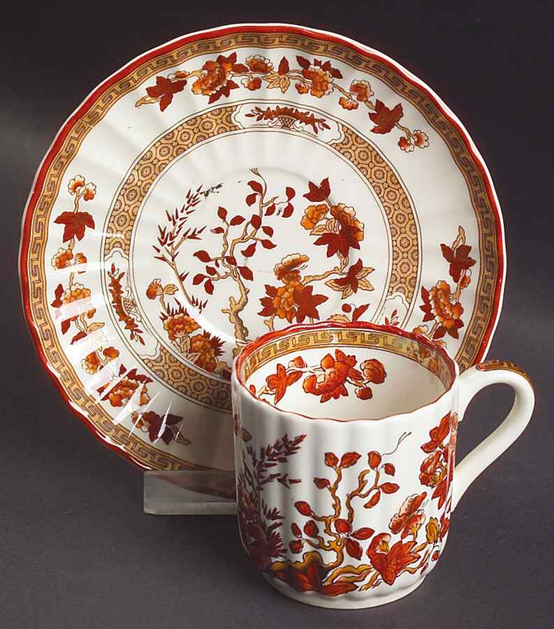 Indian Tree (Orange Rust, Scallop, Red Trim) Flat Demitasse Cup & Saucer Set by Spode-1
