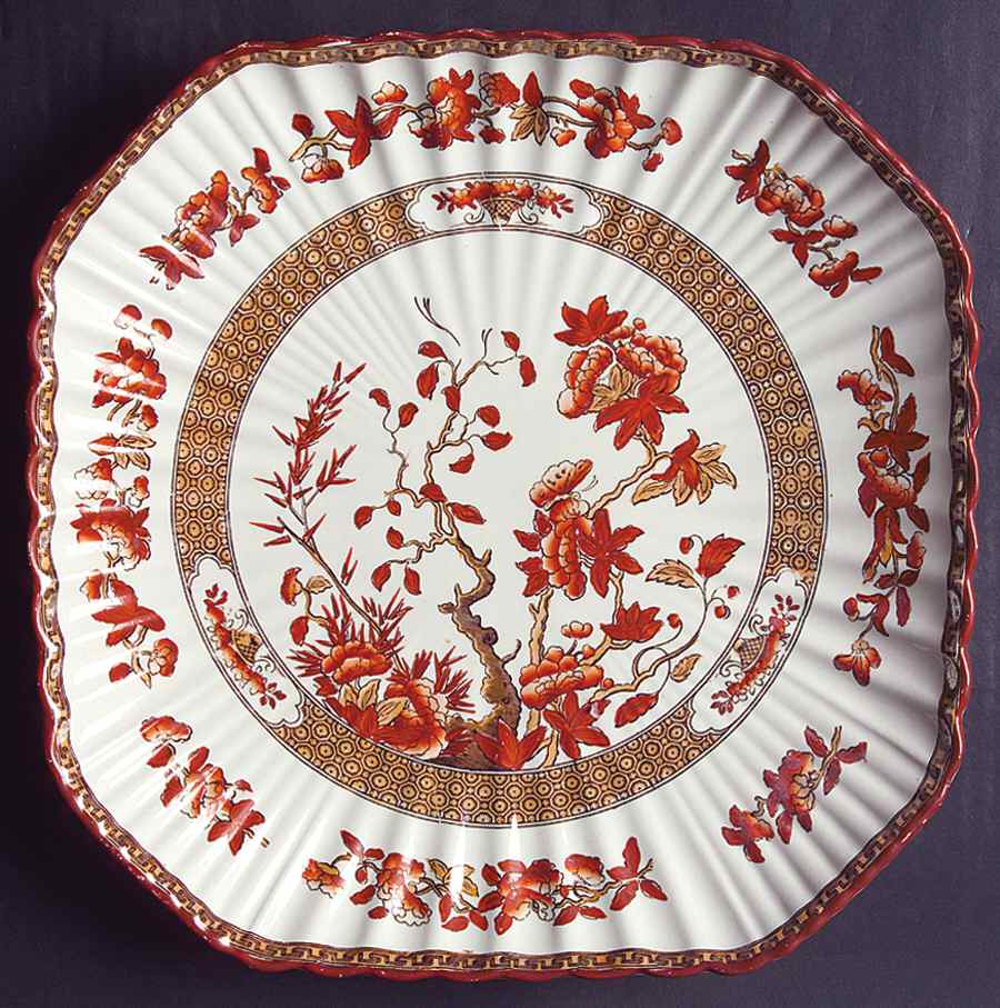Indian Tree (Orange Rust, Scallop, Red Trim) Square Cake Plate by Spode-1
