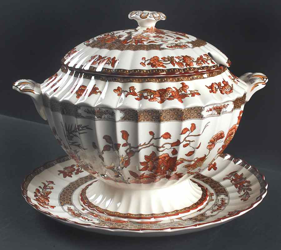 Indian Tree (Orange Rust, Scallop, Red Trim) Tureen & Lid w/Underplate by Spode-1