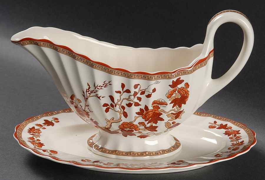 Indian Tree (Orange Rust, Scallop, Red Trim) Gravy Boat & Underplate/Relish by Spode-1