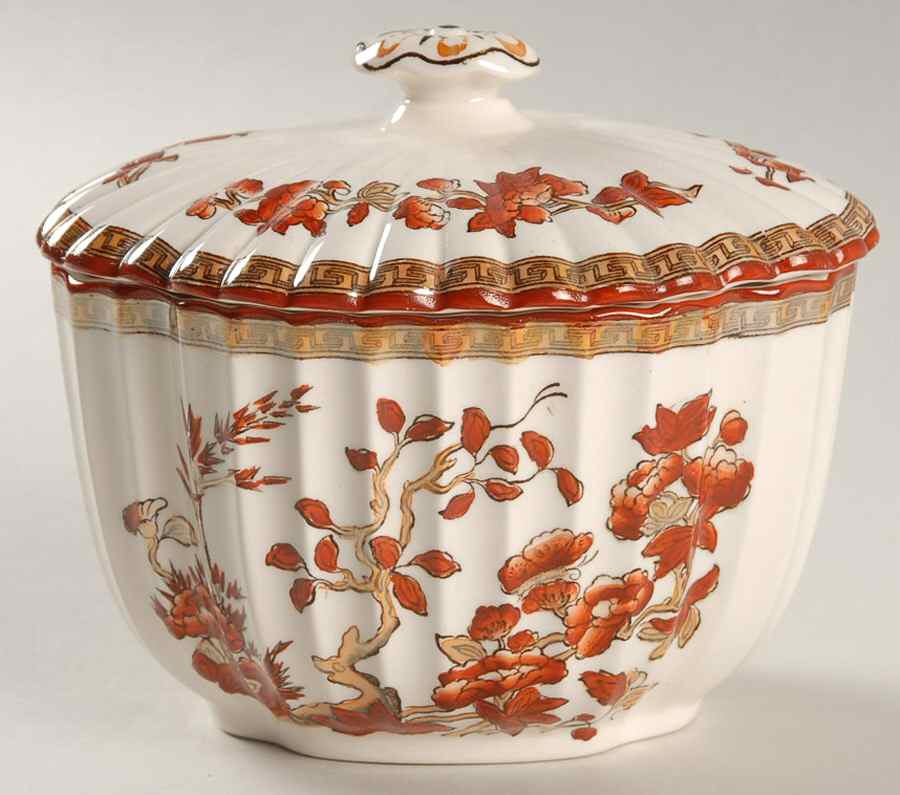 Indian Tree (Orange Rust, Scallop, Red Trim) Sugar Bowl & Lid by Spode-1