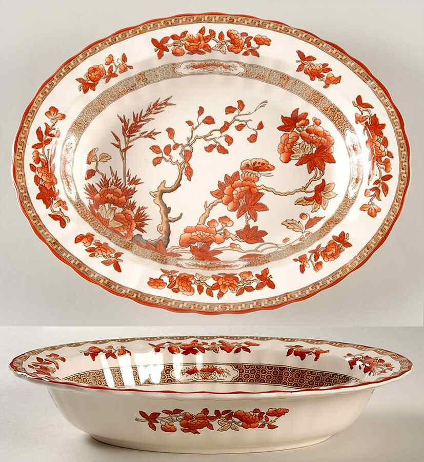 Indian Tree (Orange Rust, Scallop, Red Trim) 10" Oval Vegetable Bowl by Spode-1