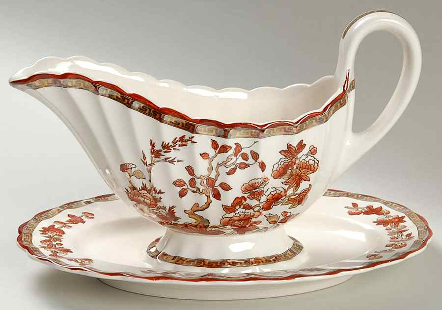 Indian Tree (Orange Rust, Scallop, Red Trim) Gravy Boat with Attached Underplate by Spode-1