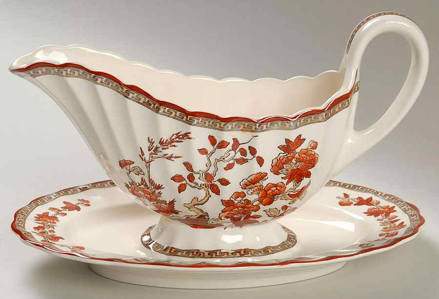 Indian Tree (Orange Rust, Scallop, Red Trim) Gravy Boat with Attached Underplate by Spode-1