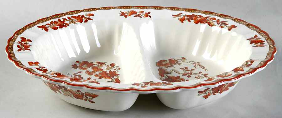Indian Tree (Orange Rust, Scallop, Red Trim) 11" Oval Divided Vegetable Bowl by Spode-1