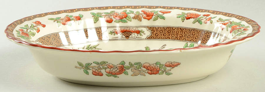 Indian Tree (Orange Rust, Green, Scallop, Red Trim) 9" Oval Vegetable Bowl by Spode-1