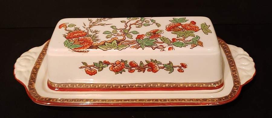 Indian Tree (Orange Rust, Green, Scallop, Red Trim) 1/4 Lb Covered Butter by Spode-1