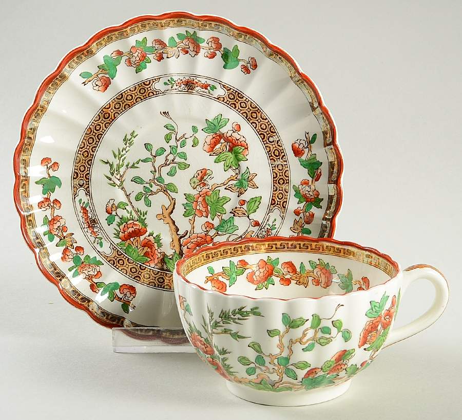 Indian Tree (Orange Rust, Green, Scallop, Red Trim) Footed Cup & Saucer Set by Spode-1
