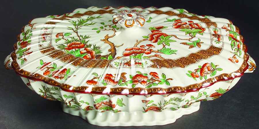 Indian Tree (Orange Rust, Green, Scallop, Red Trim) Oval Covered Vegetable by Spode-1